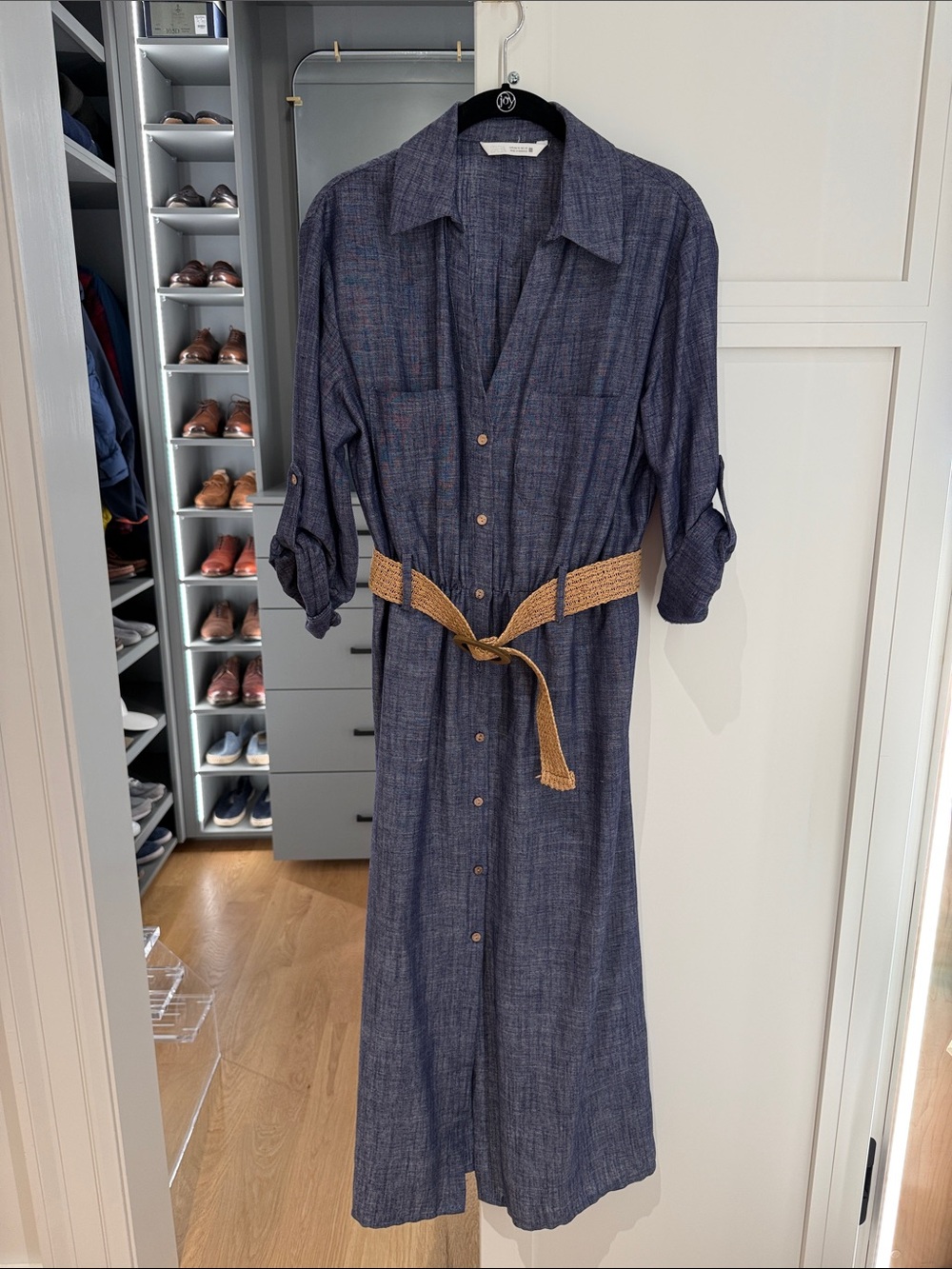 Zara Blue Chambray Midi Shirt Dress with Woven Belt